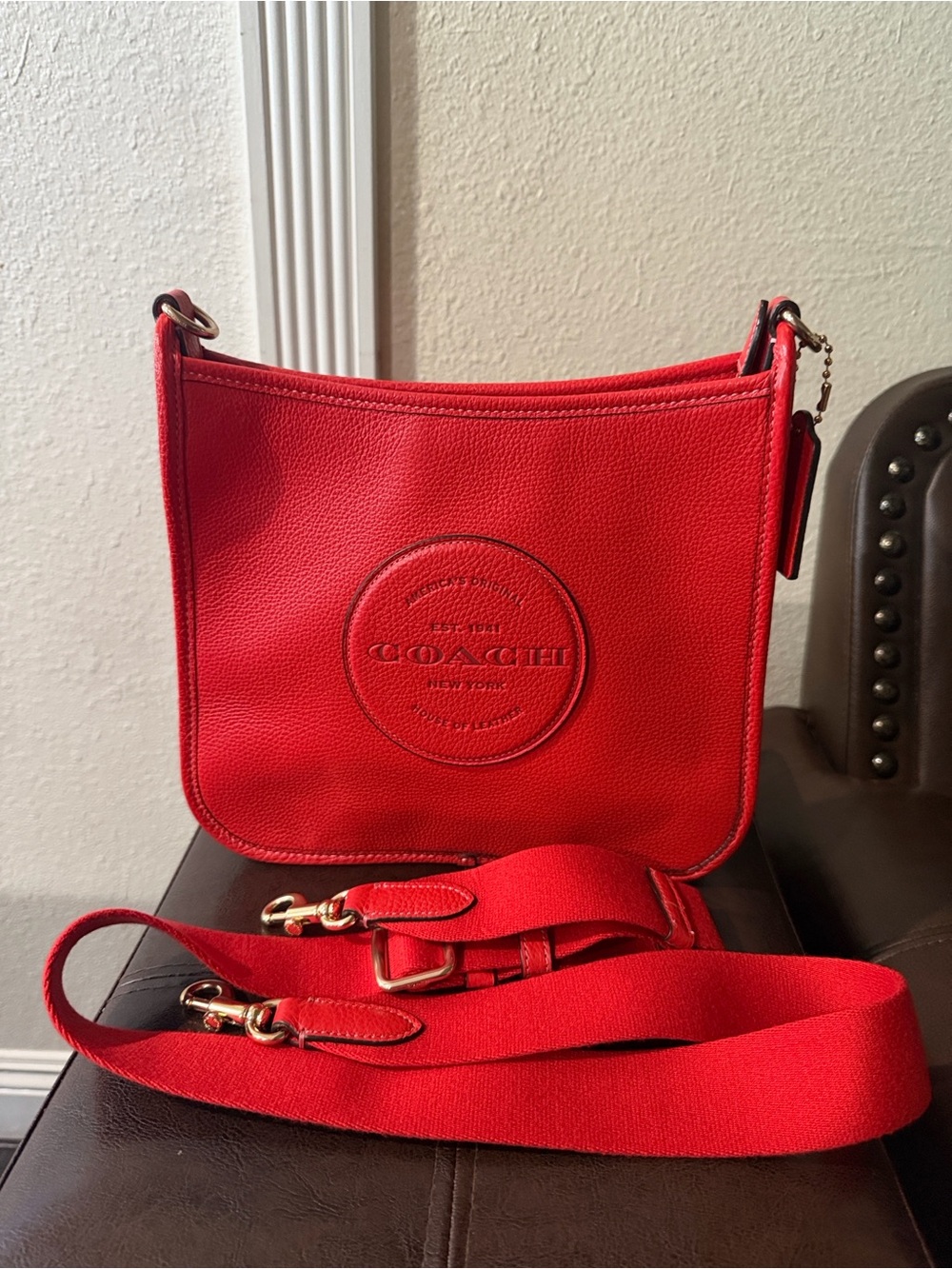 COACH Red Pebbled Leather Embossed Logo Crossbody